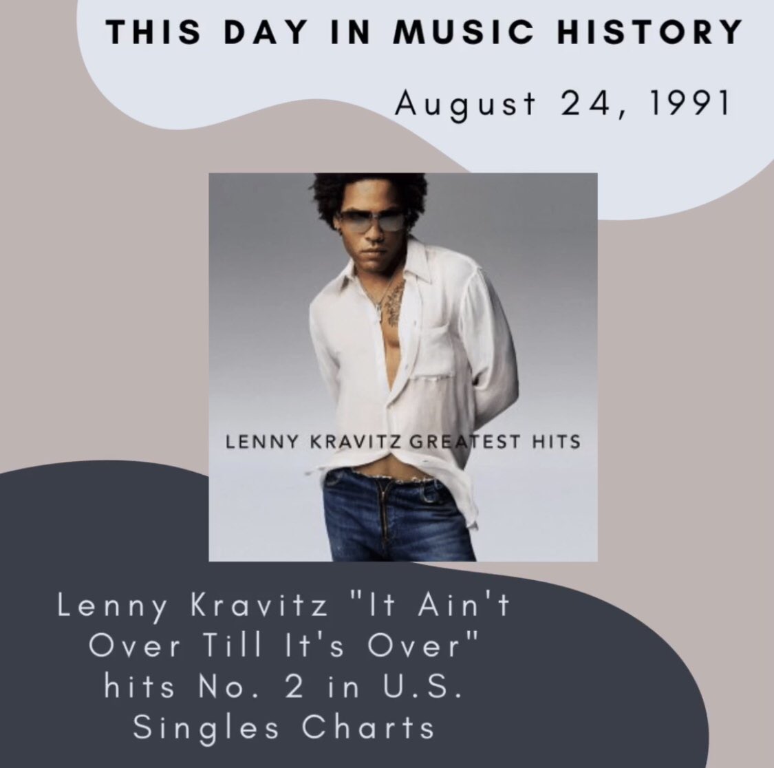 kmsa913's tweet photo. On this day in music history Lenny Kravitz was at No. 2 in the U.S. Singles Chart with “It Ain’t Over Till It’s Over’, with The No. 1 position held by Bryan Adam’’s “(Everything I Do), I Do It for You.” 

Who do you think should have held the No. 1 spot? 🎸

#kmsafm913 #cmesau https://t.co/e6odXkEuER