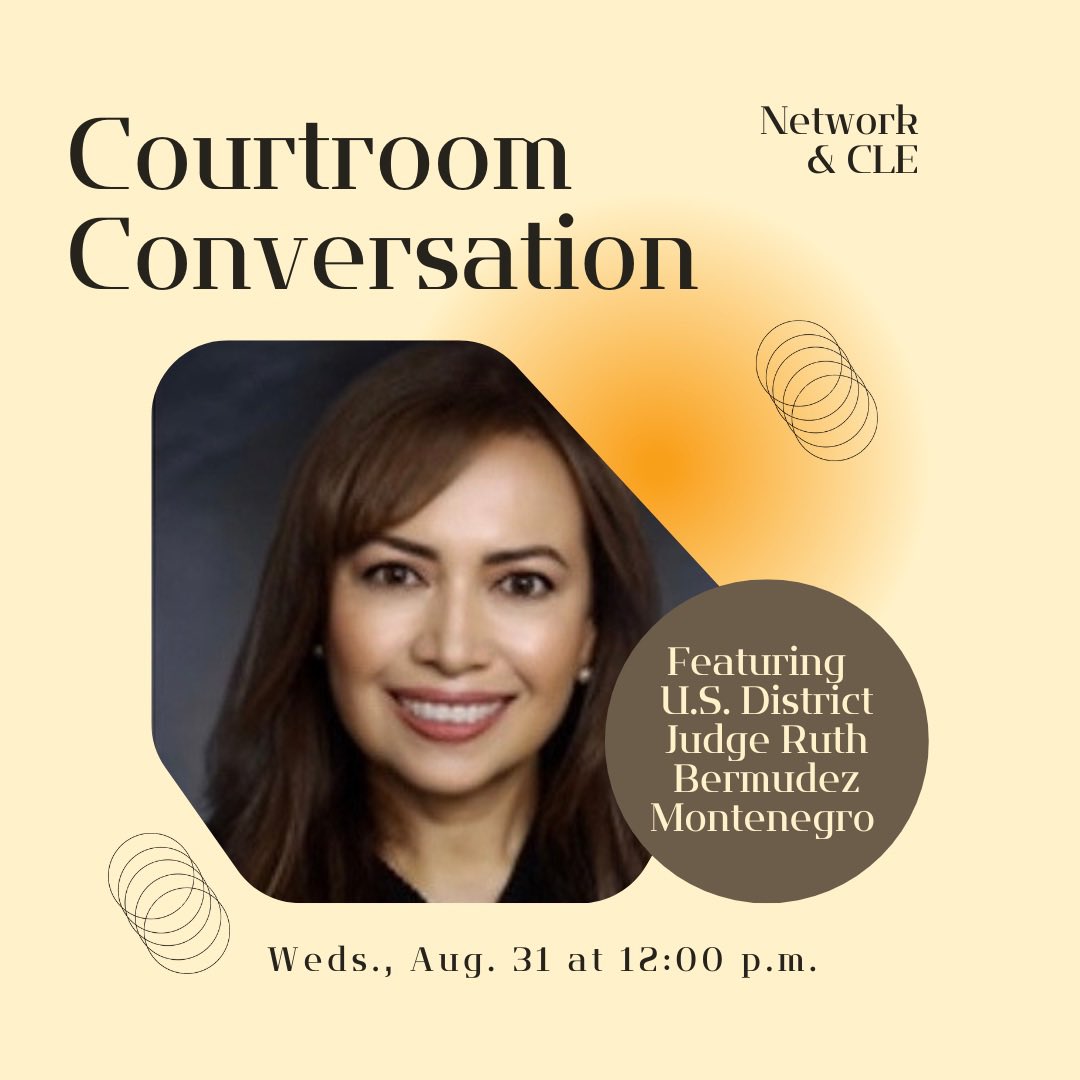sandiegofba's tweet photo. Please join us on Wed., August 31, 2022 at 12:00 p.m. for our next #CourtroomConversation with U.S. District Judge Ruth Bermudez Montenegro. 👩‍⚖️ Register today: https://t.co/zguyFEx76d
#FBASD #SanDiegoLawyers #SDLaw #SanDiegoFBA #DistrictJudge #CourtroomConversations #LadyLawyer https://t.co/Jtf4fNyFel