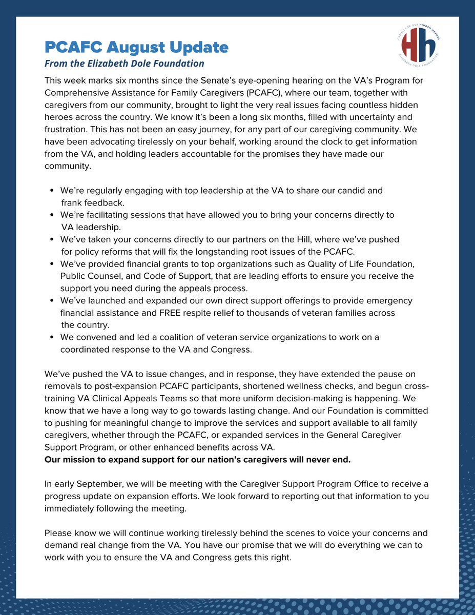 DoleFoundation's tweet photo. It's been six months since we testified before Congress about the concerns we &amp; the veteran caregiver community have about the VA's #PCAFC program. Here's an update on how we continue to work with caregivers across the nation to hold the VA accountable &amp; drive progress. https://t.co/VexB6q88QA