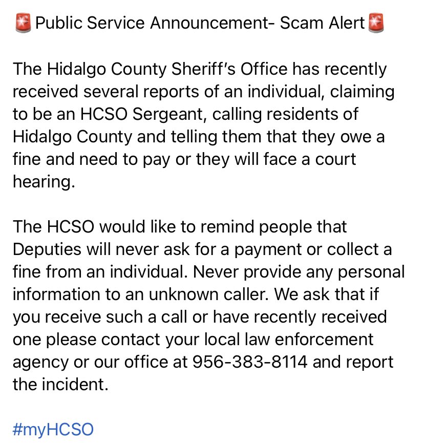 HidalgoCountySO's tweet photo. 🚨 PUBLIC SERVICE ANNOUNCEMENT- SCAM ALERT 🚨 https://t.co/THuYbRzjDM
