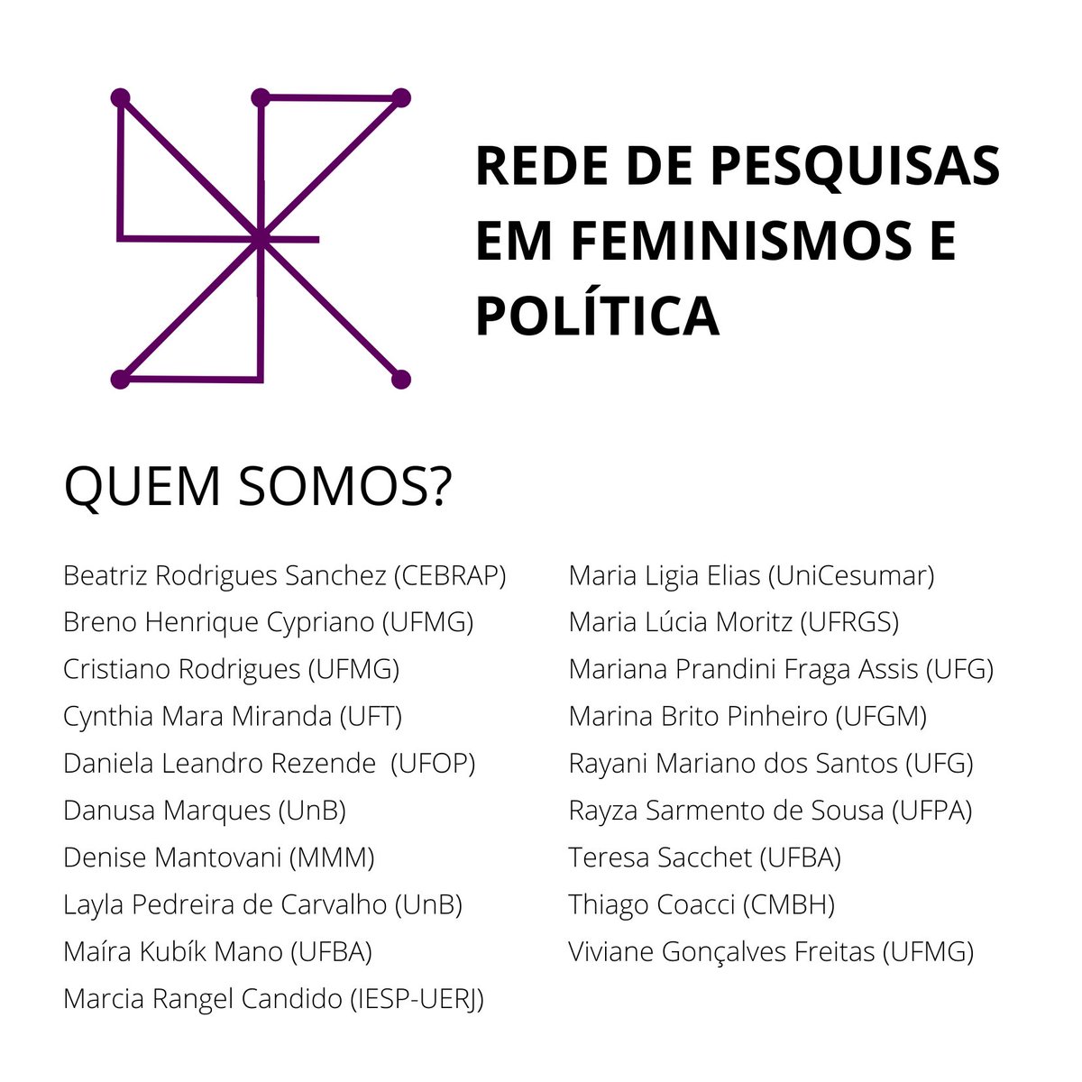 RedeFemPol's tweet photo. [Rede de Pesquisas em Feminismo e Política] Lançamento 

Oi, inauguramos hoje páginas no Twitter e no Instagram. Para conhecer nossa história, objetivo e composição, confere os cards. Somos um espaço aberto de divulgação e promoção dos estudos de gênero e feminismos na política💜 https://t.co/DwTWwk3LLU