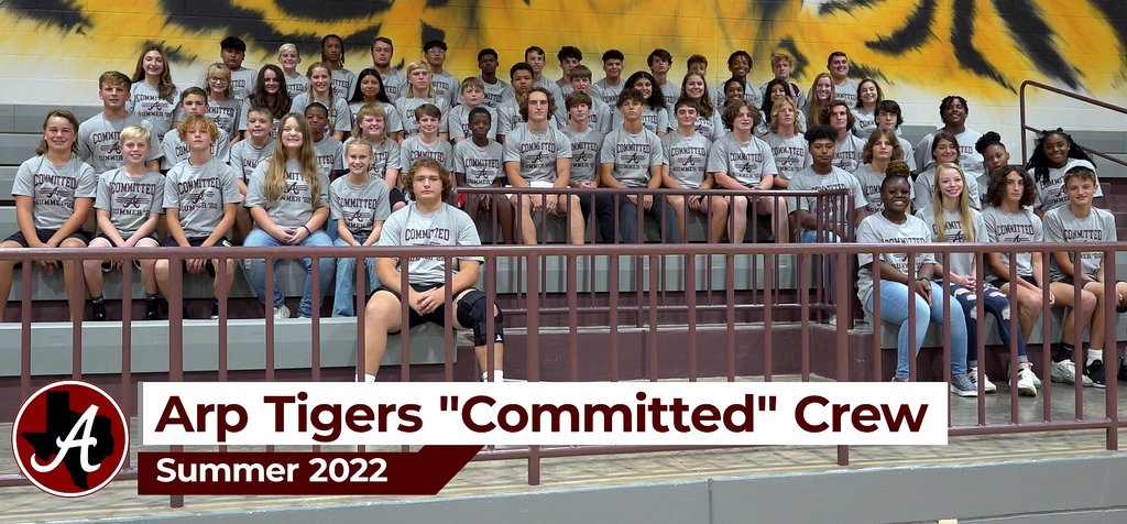 ArpISD's tweet photo. MAKING A COMMITMENT: These Arp H.S. &amp; @Arp_JH student-athletes made the 🐅 newly installed "Committed Crew" for their summer workout attendance.
Showing how we #EATT
Effort
Attitude
Toughness
Teammate
&amp; that #TPND (Tiger Pride Never Dies). https://t.co/7pn5vhqGfW