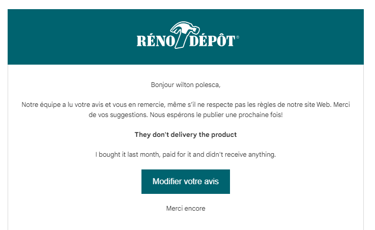 wiltonpolesca's tweet photo. I think @RenoDepot_CA  only accepts comments that are good to them. https://t.co/KIRrj7rUbp