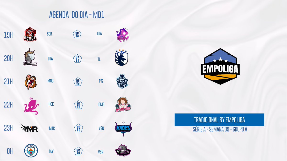 EmpoligaVP's tweet image. Agenda do dia da #Empoliga Tradicional!

Rodada 9 de 11.
@space_dest Red x @EquillibriumG Sun
@LunarisEsports x @timeliquido 
@MinhocaoTeam x @protocolozeus 
@hckcorp Krakens x @OhMyGodGaming1 
@MTRGamingBR x @Hades_eSportsBR 
@ggdomwan x @ggvisionesports