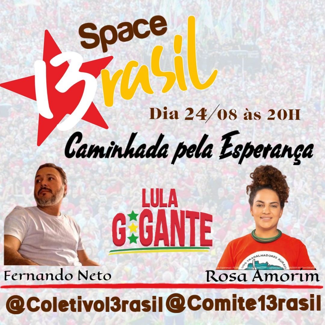 Space13rasil's tweet photo. @CheLula13 @Lula_Gigante_I3 @comite13rasil @Coletivol3rasil @rosamst_ @fernandonsneto @KARMIN__PT13 @Leila_Argollo @1lxndr @acklumelo @adoniscesar @adrianasp63 @AdvocaciaCrime @aeduardofra @AiresCliveraldo @Ze13che @l3rasilcomlula DIVULGAÇÃO: @comite13rasil @coletivol3rasil
 
O #Space13rasil às 20h recebe a candidata à deputada estadual (PE) pelo @ptbrasil    
Ela faz parte do @MST_Oficial  , militante do @levantepopular  e diretora de cultura da @uneoficial
 , Rosa Amorim @rosamst_   #Space13rasil https://t.co/KYByl3O5CV