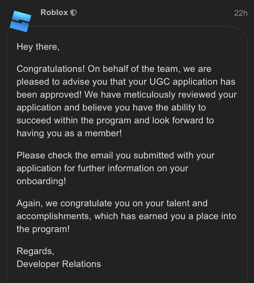 BankBendRBLX's tweet photo. After 371 days of working and waiting, I can finally call myself a ugc creator!

I wanna thank everyone in the @UGCApplicants server for being a huge part of this journey. #RobloxUGC https://t.co/mMr2AUIBQW