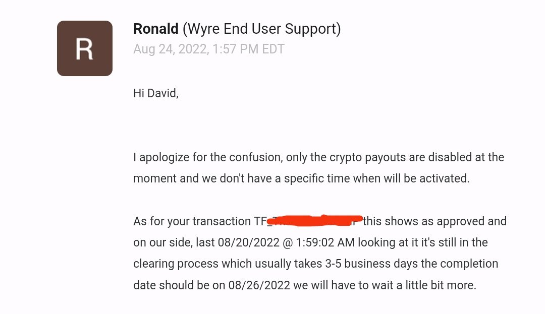 cleary1212's tweet photo. Quick note on this. I just received a clear update from Wyre support. Looks like it was a mistake when they said that all payout options were disabled.
I created the transaction on the 18th and it wasn't processed on their side until the 20th which would explain the delay👍 https://t.co/MkbdPGzY6e