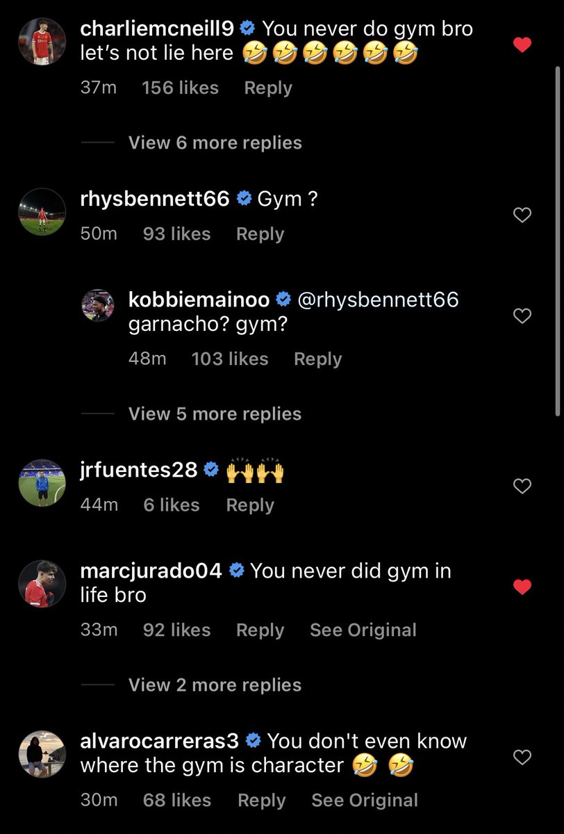 Shush_Lad's tweet photo. The comments under Garnacho’s post 😭 He wants to be like Ronaldo his idol can’t blame him 😭 https://t.co/jytgn4gSbL