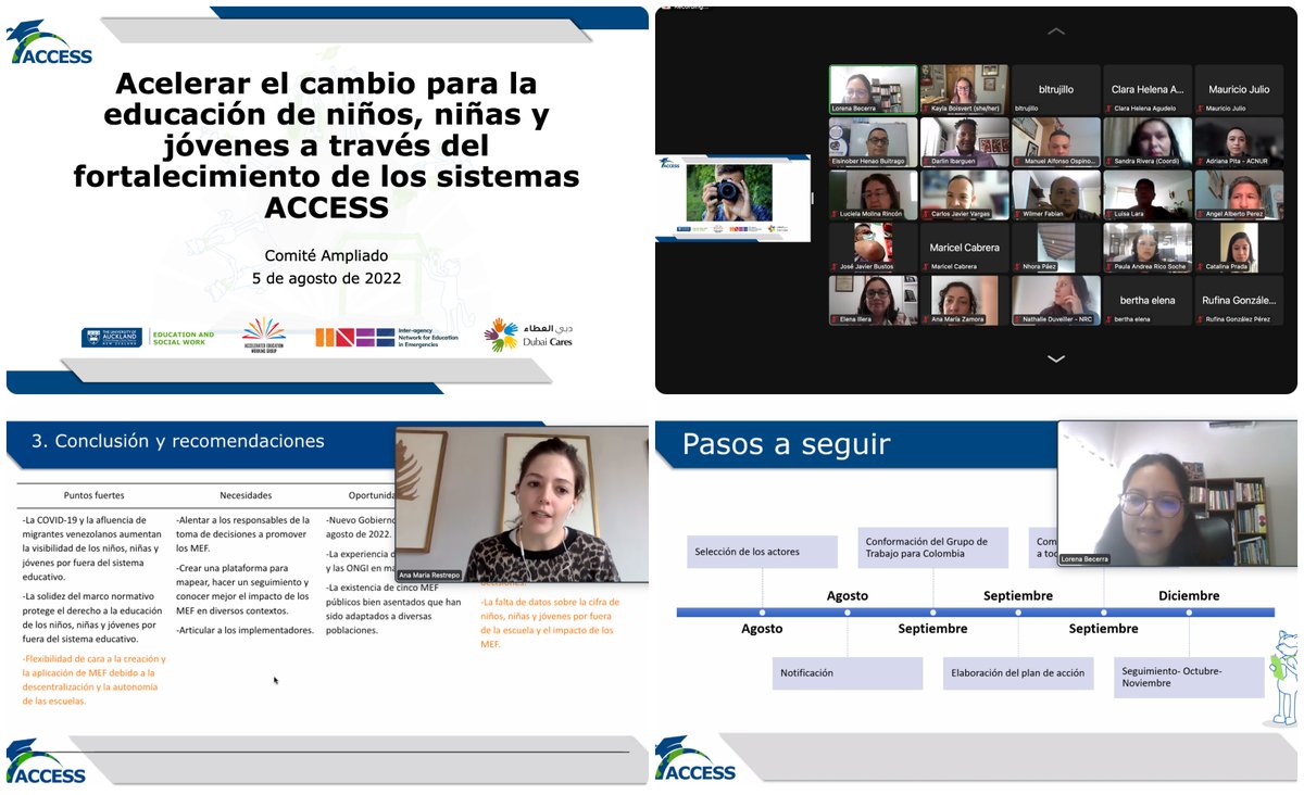 ACCESS_UoA's tweet photo. Aug 5, ACCESS Colombia held virtual workshop to present Phase 1 findings with stakeholders from civil society &amp; government. Face-to-face workshop to begin developing the action plan scheduled for early Sep. Stay tuned! #ACCESS_UoA #EiEevidence @INEEtweets @DubaiCares @AEWG_News https://t.co/jZcFJ0Omdd