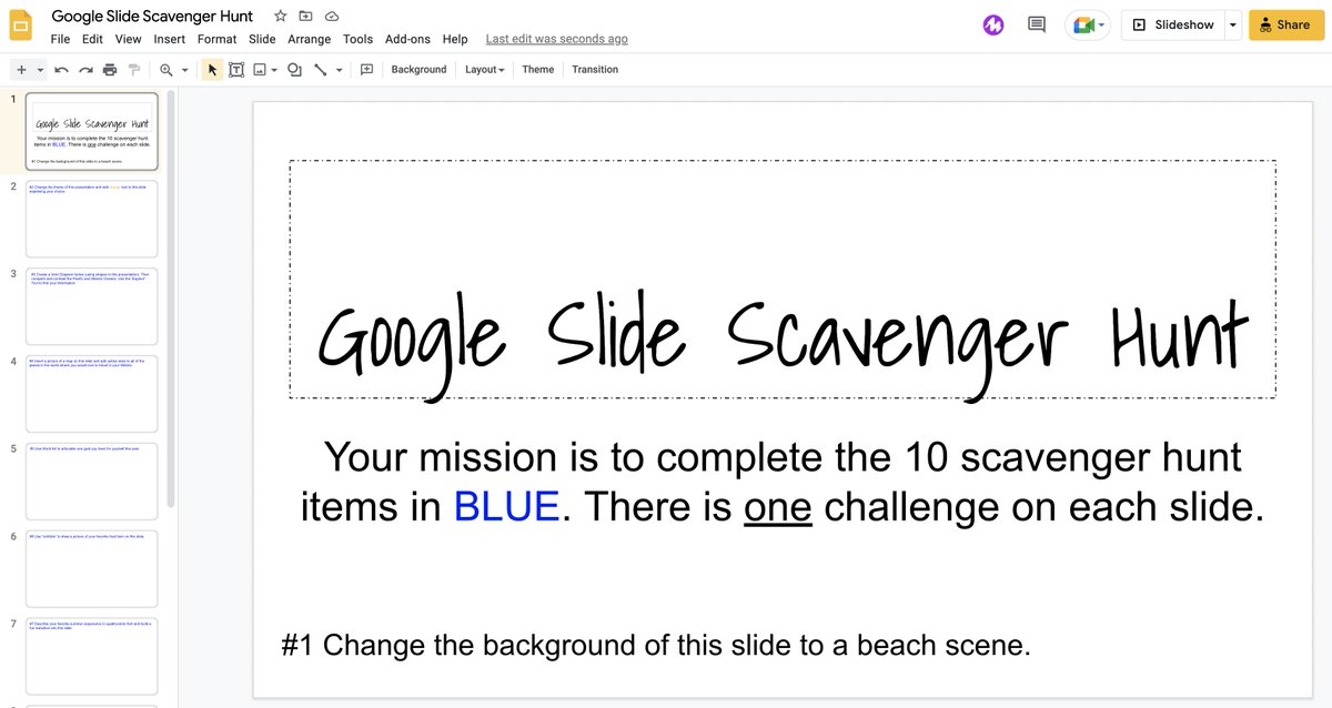 Catlin_Tucker's tweet photo. Will your students be creating Google Slide presentations this year?

This Google Slide Scavenger Hunt helps them learn about the functionality in slides! 
✨Copy
✨Modify
✨Use with your students!

https://t.co/EM6yHQNkjk

#GoogleEDU #Edchat #Edutwitter #edtech #education https://t.co/9oMvMXkjt0