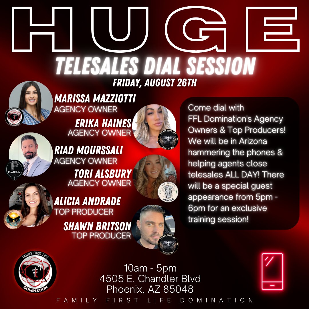fflinspiregroup's tweet photo. This Friday, FFL Domination will be hosting a HUGE Telesales Dial Session in Phoenix, Arizona!👏🏻 Agency Owners &amp; Top Producers will be at the office helping new agents close telesales!🔥 Come prepared and ready to work! ☎️💥

#ffl #familyfirstlife #ffldomination #lifeinsurance https://t.co/QwgRqLncb1