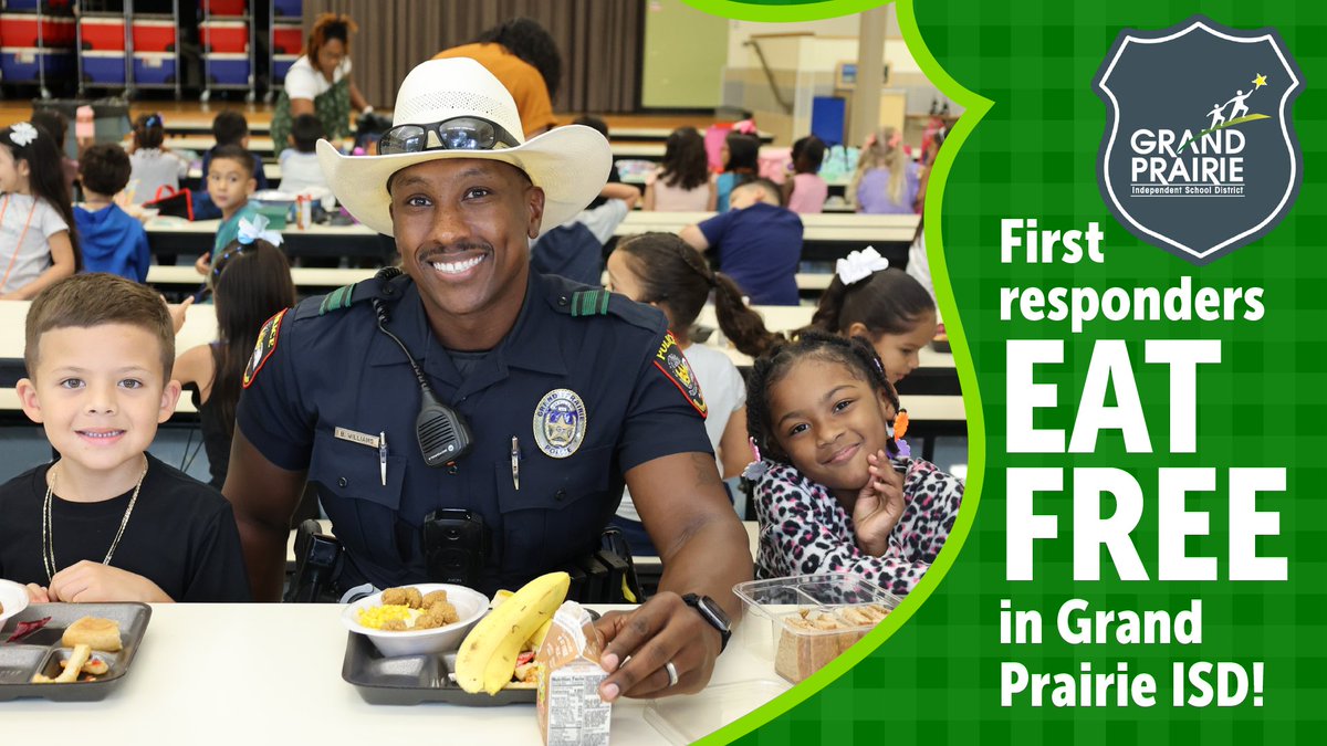 In GPISD, first responders eat for free in any school cafeteria. Building connections is important to us &amp; we encourage all first responders to join us. Schools welcome any uniformed first responder to join us for lunch, just Raptor in at the main office &amp; head to the cafeteria.