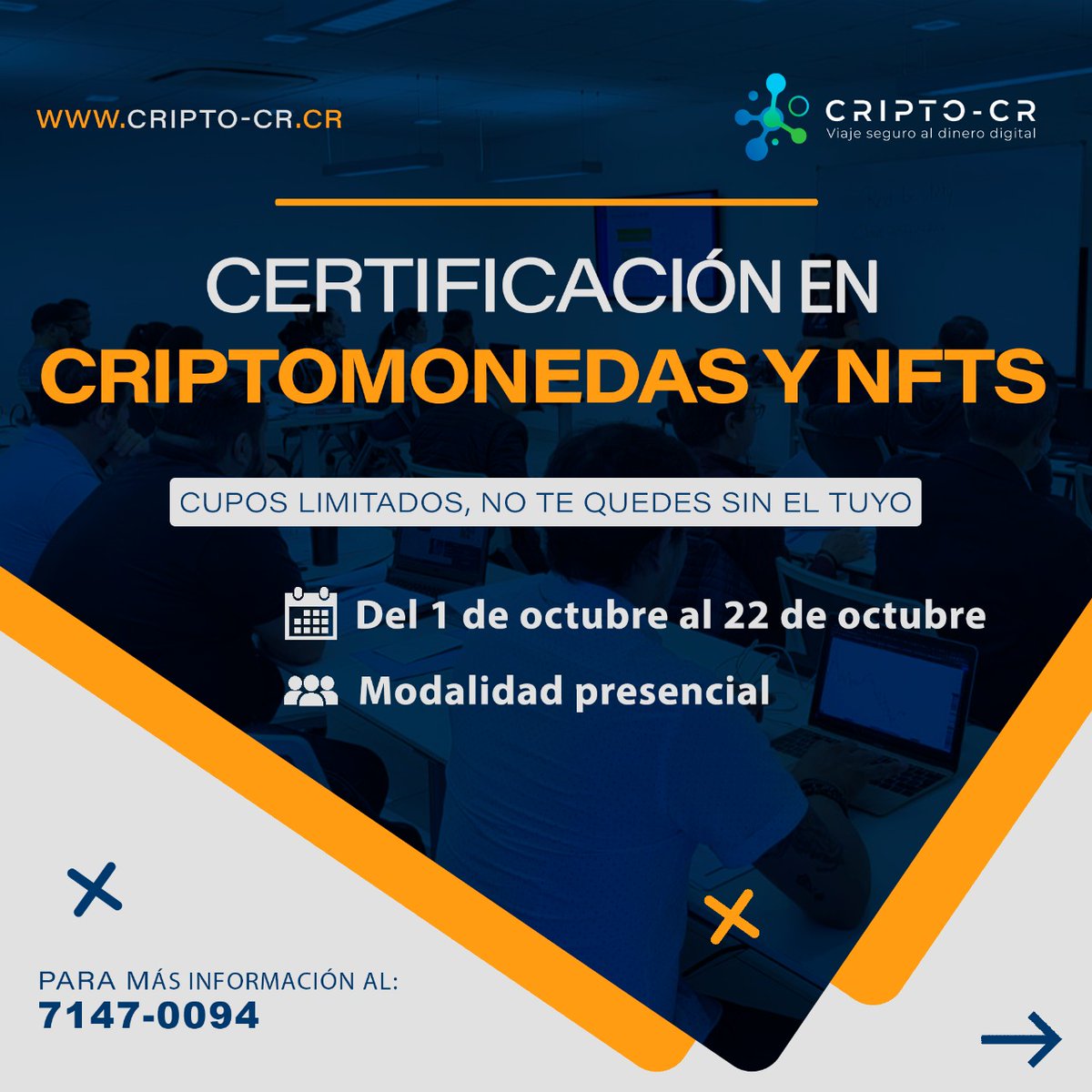 CriptoCRcr's tweet photo. Ya tenemos una nueva fecha disponible para nuestra certificación en criptomonedas y NFTs.
Los cupos son limitados, así que reserva tu espacio.
Más información:
📲 7147-0094
💻 https://t.co/pt0QmmRwXC
#criptocr #cryptocurrency #cryptos #nft #metaverse #dinero #education https://t.co/xKJCxca7GA
