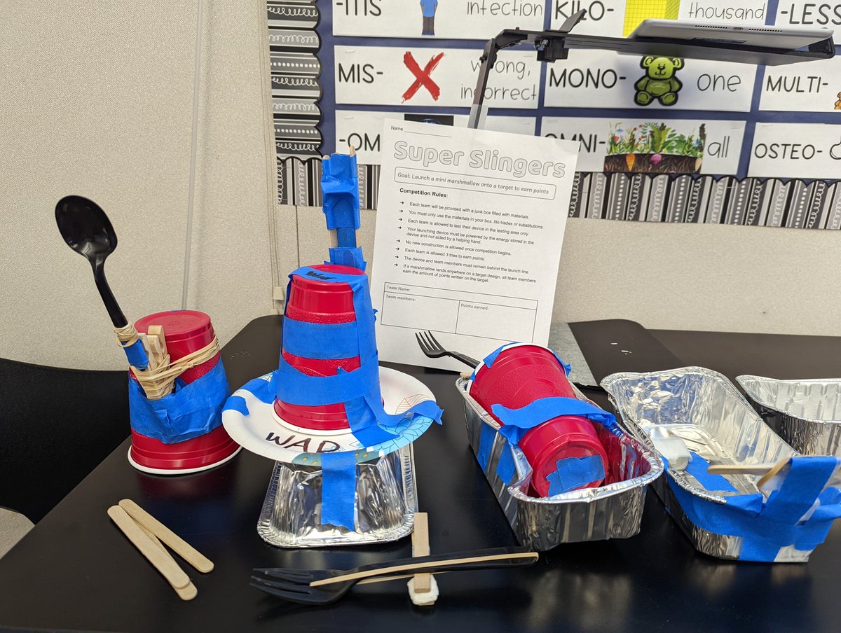 sallyhoyt's tweet image. Junk box wars as an elective is so much fun! Super Slingers was our first challenge. Students had to build something with their &quot;junk&quot; that would launch a mini marshmallow into a target. #westlakecharter #wcsjoyfullearning