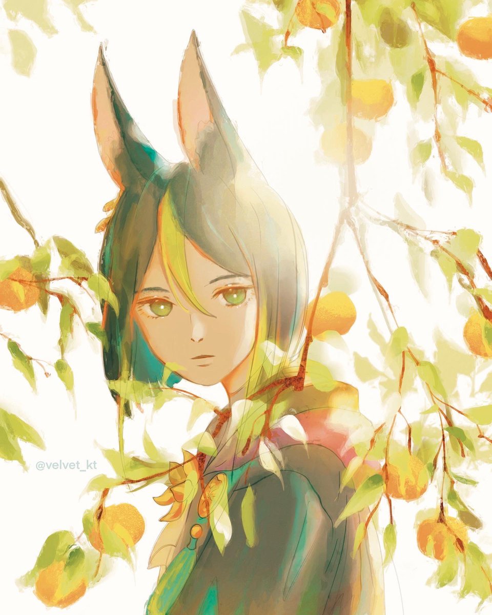 1boy male focus animal ears solo green hair green eyes fox ears  illustration images