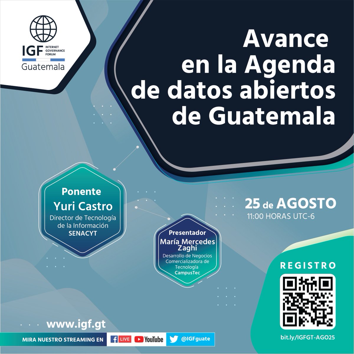 IGFGuate's tweet photo. ¡Una charla imperdible! El próximo jueves, la ponente Yuri Castro detallará los avances en la agenda de datos abiertos del país. 
🗓 Jueves 25 de agosto
⏰ 11:00 horas (GMT-6)
🌐 Regístrate en este link: https://t.co/MLHGBK0UHv
📃Incluye diploma de participación.

#IGF #Internet https://t.co/Stg6YJ2JN3