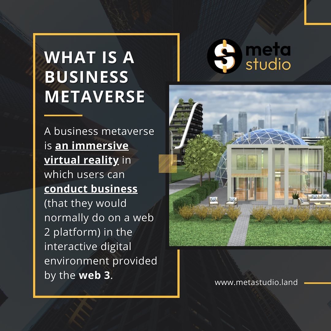MetaStudioDAO's tweet photo. 💡What is a business Metaverse?

A #businessmetaverse is an immersive virtual reality in which users can conduct #business in the same way that they would normally do on a web 2 platform, but in the environment specific to metaverses or #web3 

#MetaverseNews https://t.co/d2dmEOyqEq