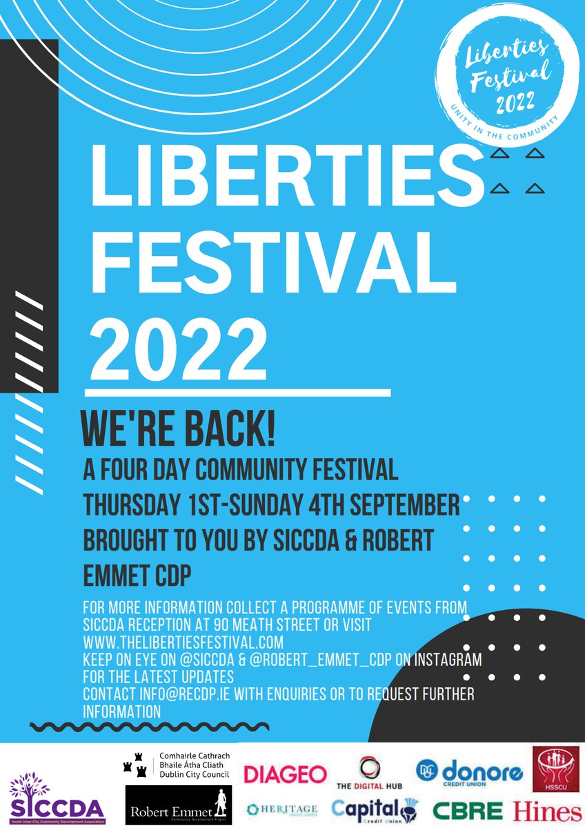 The Liberties Festival is a purpose driven community festival working with local members & professional artists to put culture, creativity & diversity at the heart of The Liberties. The Liberties Festival 2022 is brought to you by @SICCDA &Robert Emmet CDP thelibertiesfestival.com