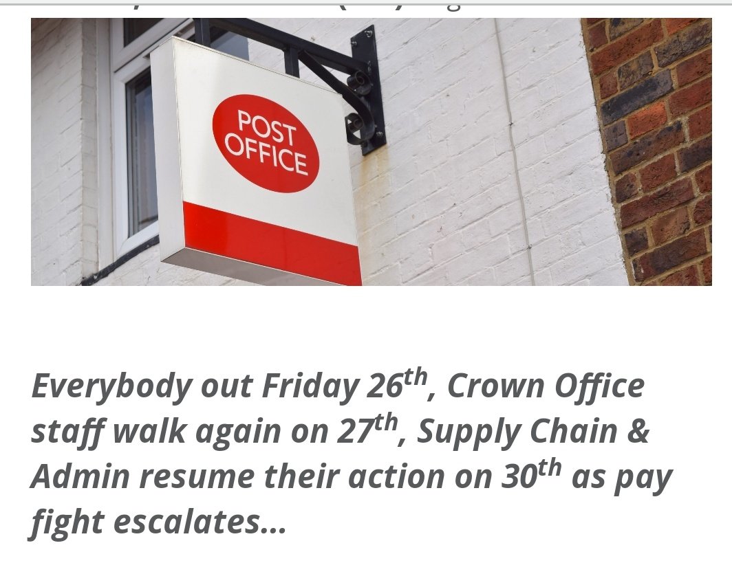 Post Office and Royal Mail strikes from Friday 26th August. Please let elderly neighbours know so they don't waste a trip to the Post Office or the Royal Mail delivery offices.