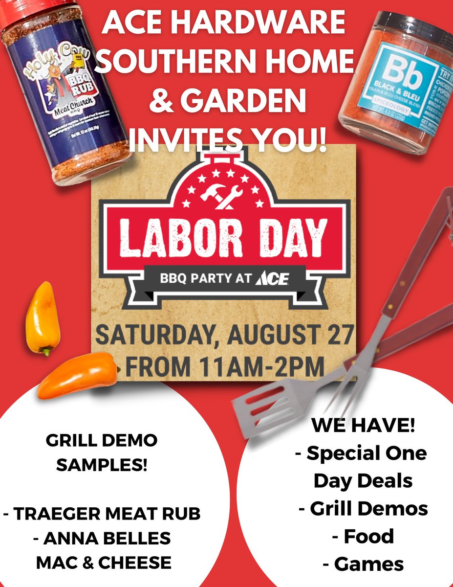 Ace_SouthernHG's tweet photo. Looking for something fun and family friendly to do this weekend? Come out to Southern Home and Garden Ace Hardware for our Pre-Labor Day Grill Event!

📌Grill Demos with Food Samples for Trager Meat Rubs and Anna Belle Mac &amp; Cheese!
📌20% off your entire transaction when you... https://t.co/scVRYKA9ww