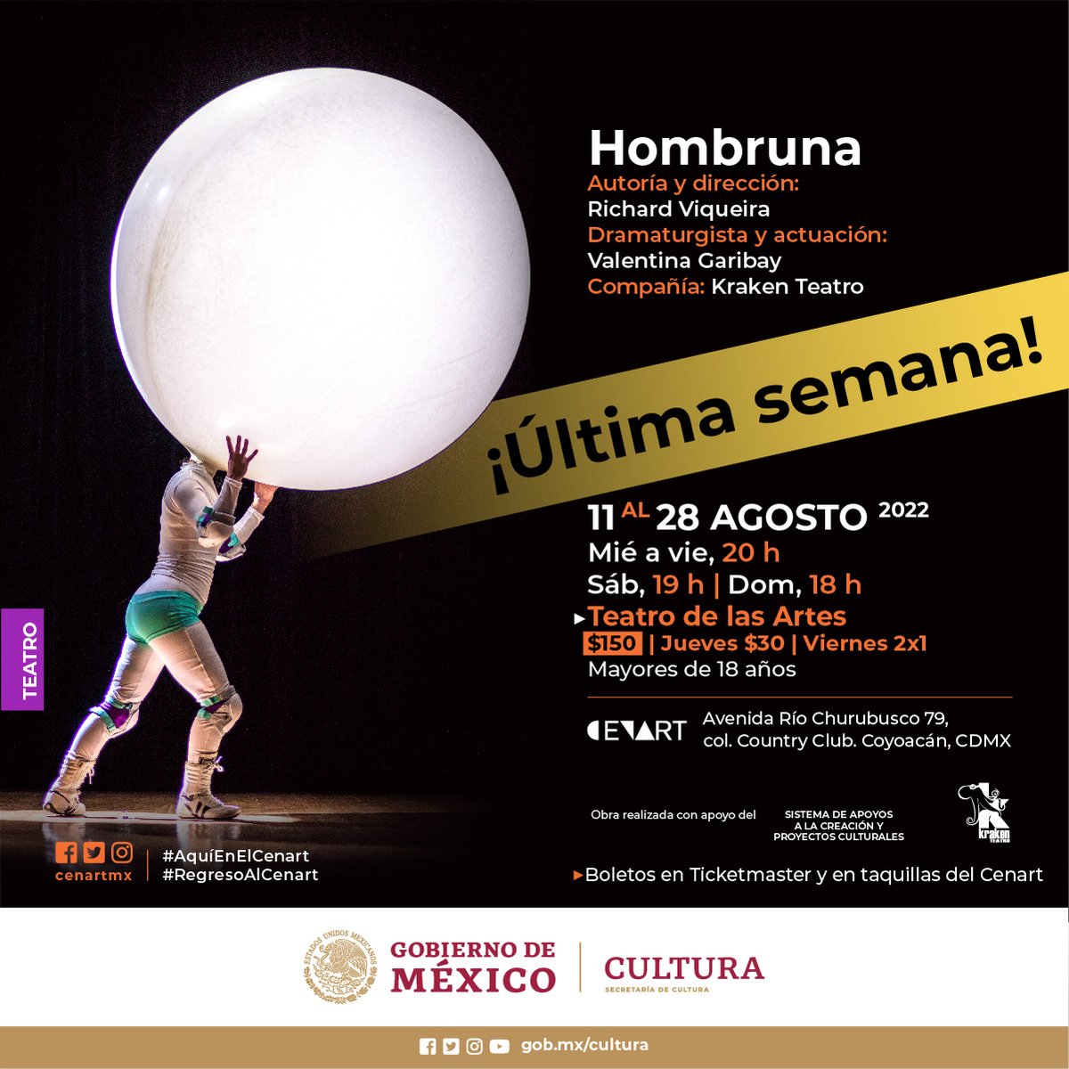 cenartmx's tweet photo. Hombruna ha sido nominada al mejor monólogo por la @ACPT_Mex, ¡y es su última semana, #AquíEnElCENART!
No te pierdas la gran actuación de @ValGaribay, bajo la dirección de @r_viqueira. Mié a vie, 20 h; sáb, 19 h; y dom, 18 h, en el Teatro de las Artes.
🔗https://t.co/vx4uqFoAXj https://t.co/0tcCOOcyad