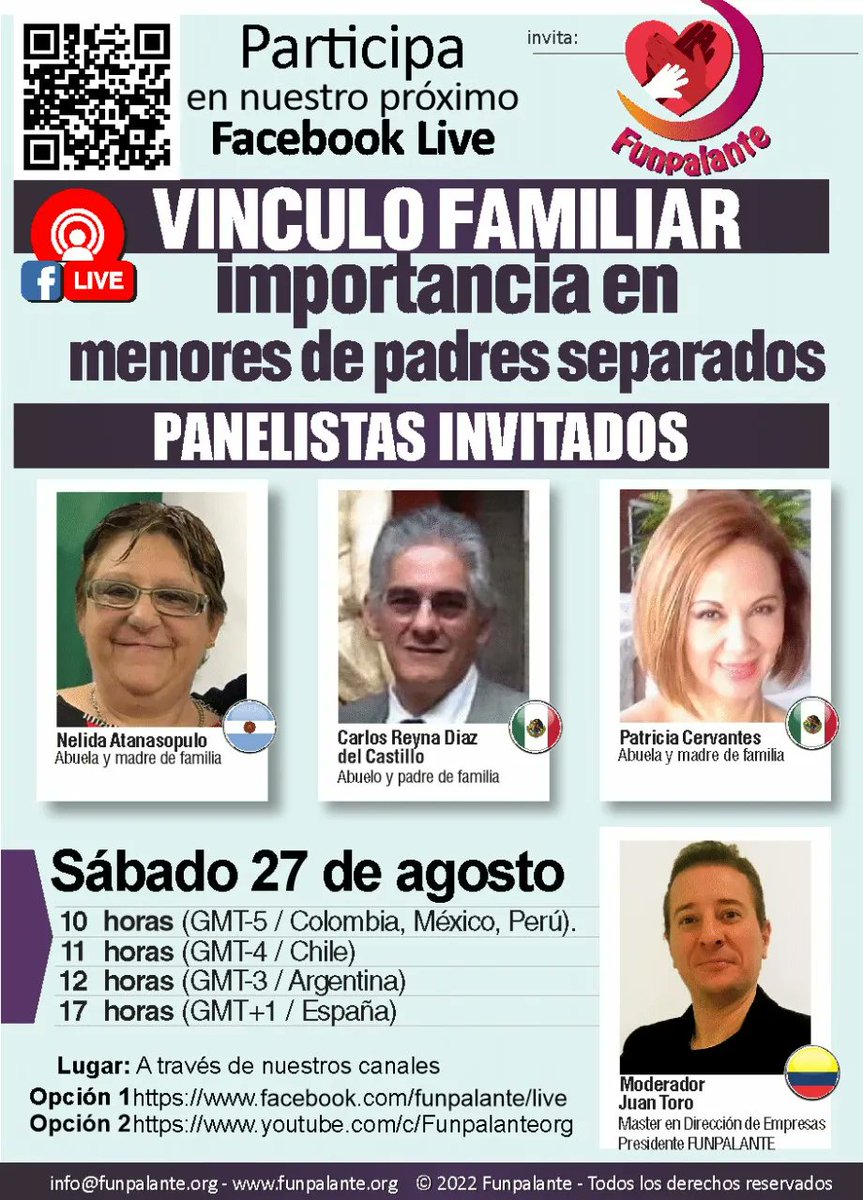 Invitamos a participar en nuestro próximo Evento Live llamado;   
¿CUAN IMPORTANTE ES EL VINCULO FAMILIAR CON LA FAMILIA EXTENSA EN LOS MENORES DE PADRES SEPARADOS?
sábado 27 de agosto de 2022.
10 horas (GMT-5 / COLOMBIA, MEXICO, PERU)
11 horas (GMT-4 / CHILE)