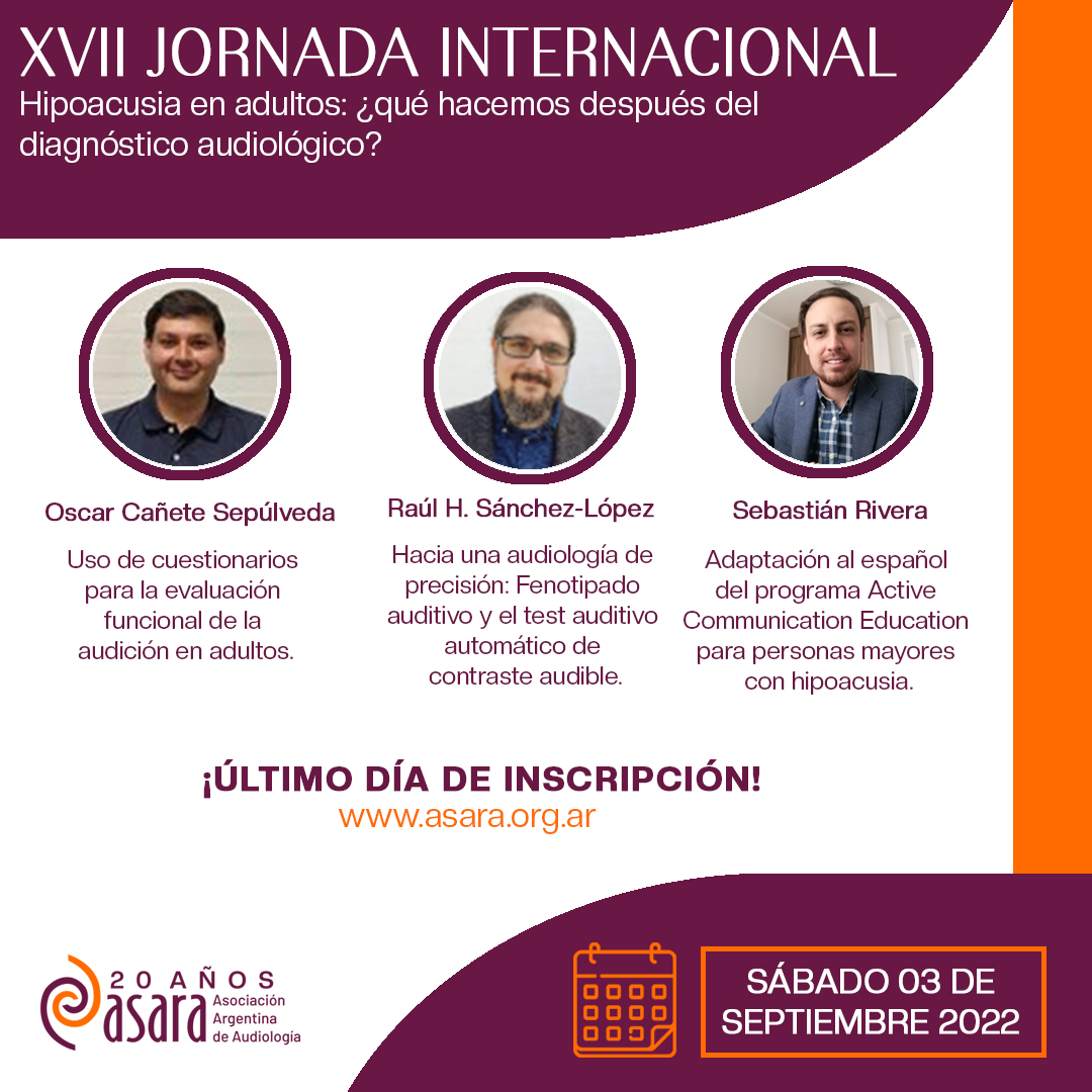 AsaraArgentina's tweet photo. XVII Jornada internacional ASARA hoy miércoles 24 de agosto !último día de inscripción!
a través del siguiente link
https://t.co/Qm0qxKRKfM
#fonoaudiologiaeducacional #audición #audicionylenguaje #audífonos #fonoaudiólogo #fonoaudióloga #audiologo #audiologos #electroacustica https://t.co/OLgxYv6W9A