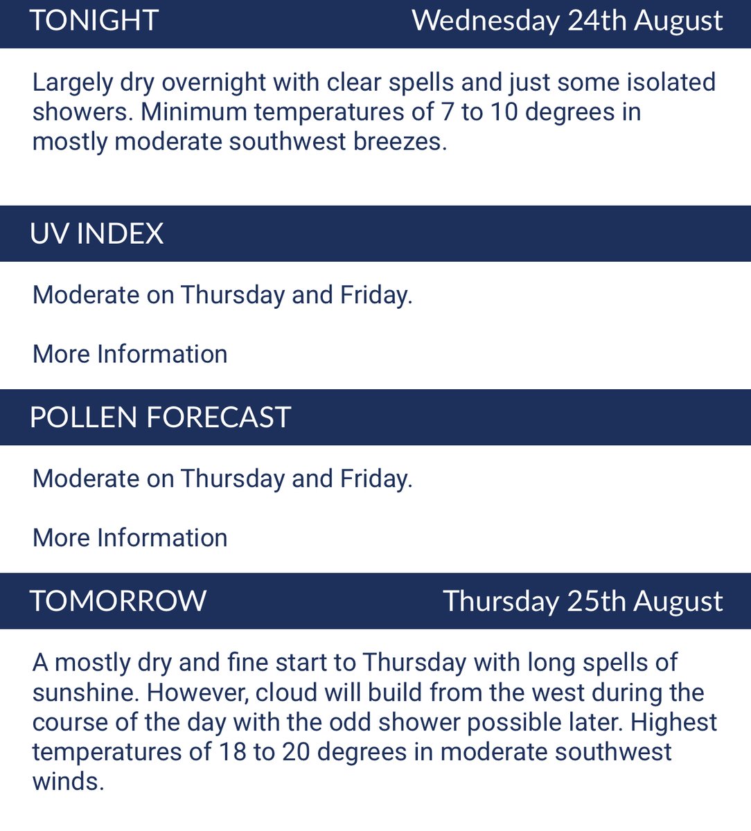longwestlocal's tweet photo. WEATHER: Outlook for tonight &amp; tomorrow (Thursday 25th August) via Met Éireann. Lowest overnight temperatures of 7 to 10 degrees.

#Leinster #MLNWeather https://t.co/jnooyhlhQW