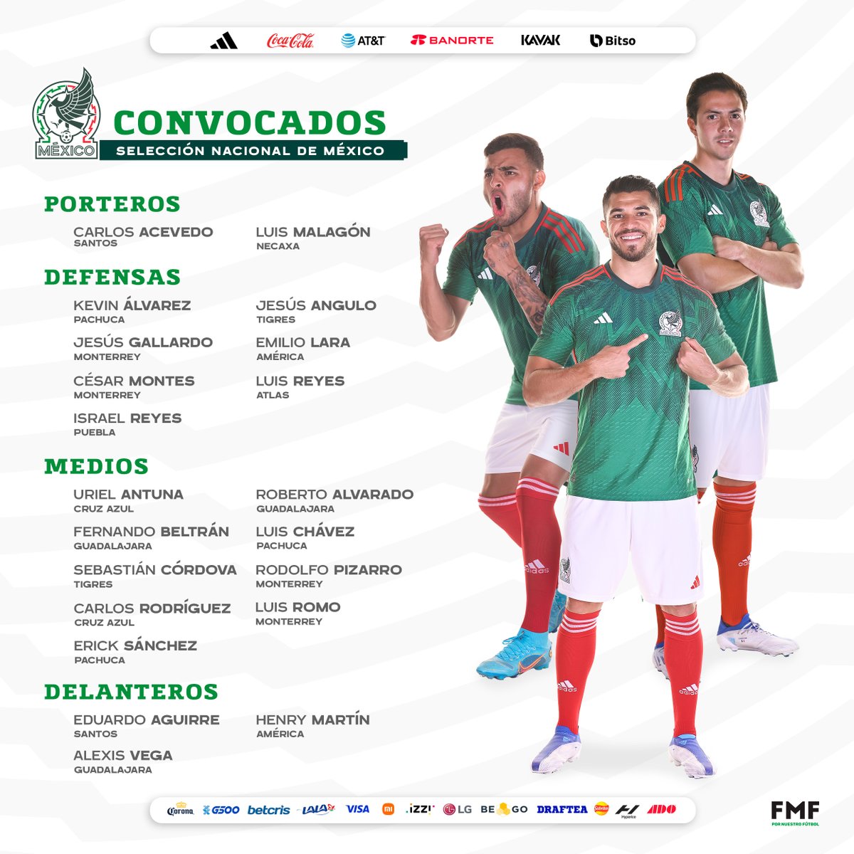 Convocatoria para el partido de preparación que jugaremos 🆚 Paraguay 🇵🇾 en Atlanta. ⚽️ 🇲🇽 📋

¡A trabajar con todo! 💪🏻 💚
Más info. ➡️ bit.ly/3QPviYI

#MEXTOUR | #FMFporNuestroFútbol