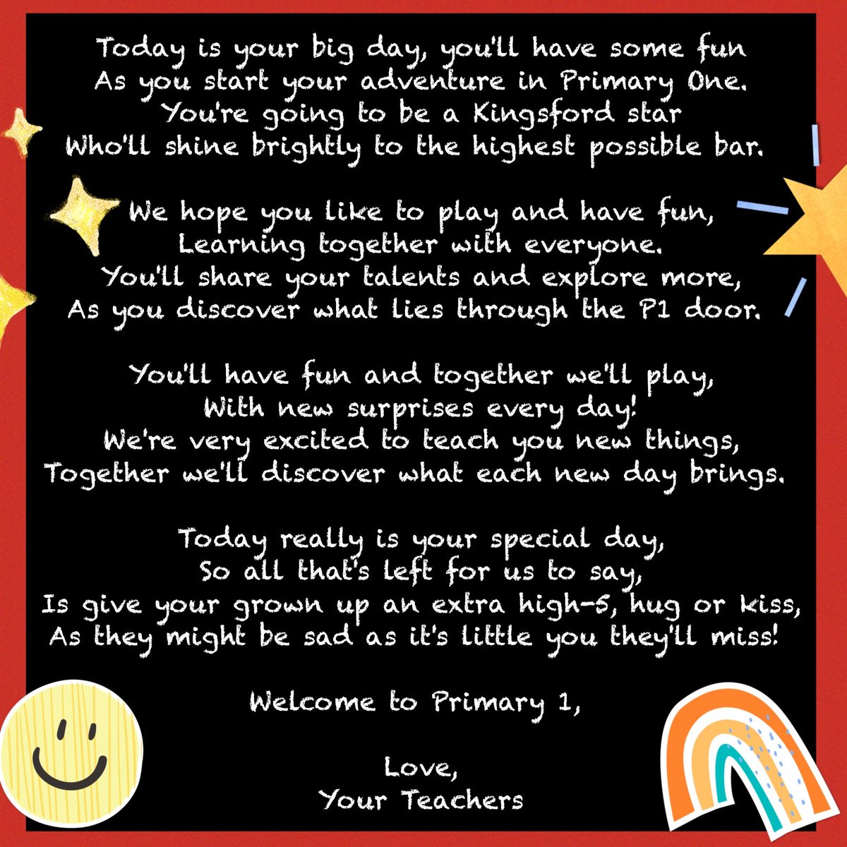 This year is a change for me,
With a new stage to teach and see.
Fingers crossed it'll be lots of fun,
With the amazing children of P1.
<a href="/KingsfordSch/">Kingsford School</a> <a href="/EduAberdeen/">Education Aberdeen</a> <a href="/EducationScot/">Education Scotland</a>
