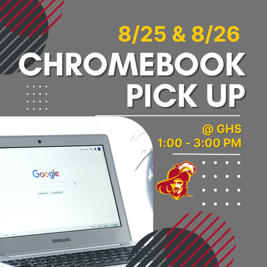 Students who have not not yet picked up a Chromebook and want to do so before the first day of school may pick one up between 1:00PM and 3:00PM on Thursday, August 25 and Friday, August 26.