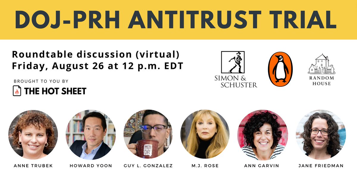 I am super excited to be hosting a panel discussion this Friday at 12p EDT on the DOJ-PRH trial, w/insightful folks who each offer a different POV on the publishing industry. Join for free, leave enlightened &amp; w/more knowledge about the industry! Register: us02web.zoom.us/webinar/regist…