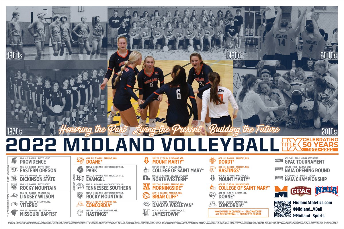 Midland_VBall's tweet photo. Come out to Wikert next week for our home opener and pick up your 2022 schedule poster. We're honoring the 50th anniversary of #TitleIX with our poster this year. #WarriorNation https://t.co/tpSrzs9e32