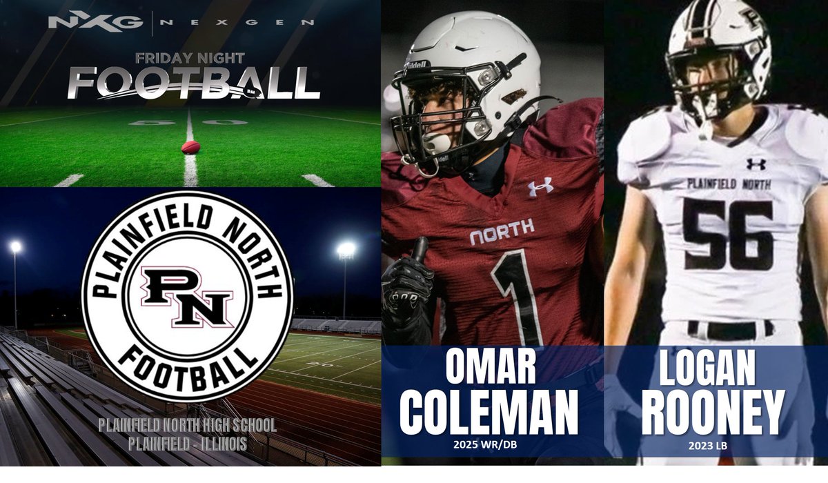 nexgenscouting's tweet photo. Friday night lights return to Illinois.. Plainfield North with 2025 WR/DB Omar Coleman @OmarColeman19 &amp; 2023 LB Logan Rooney @LoganRooney6 travel to Plainfield East https://t.co/4vmRYADGJ3