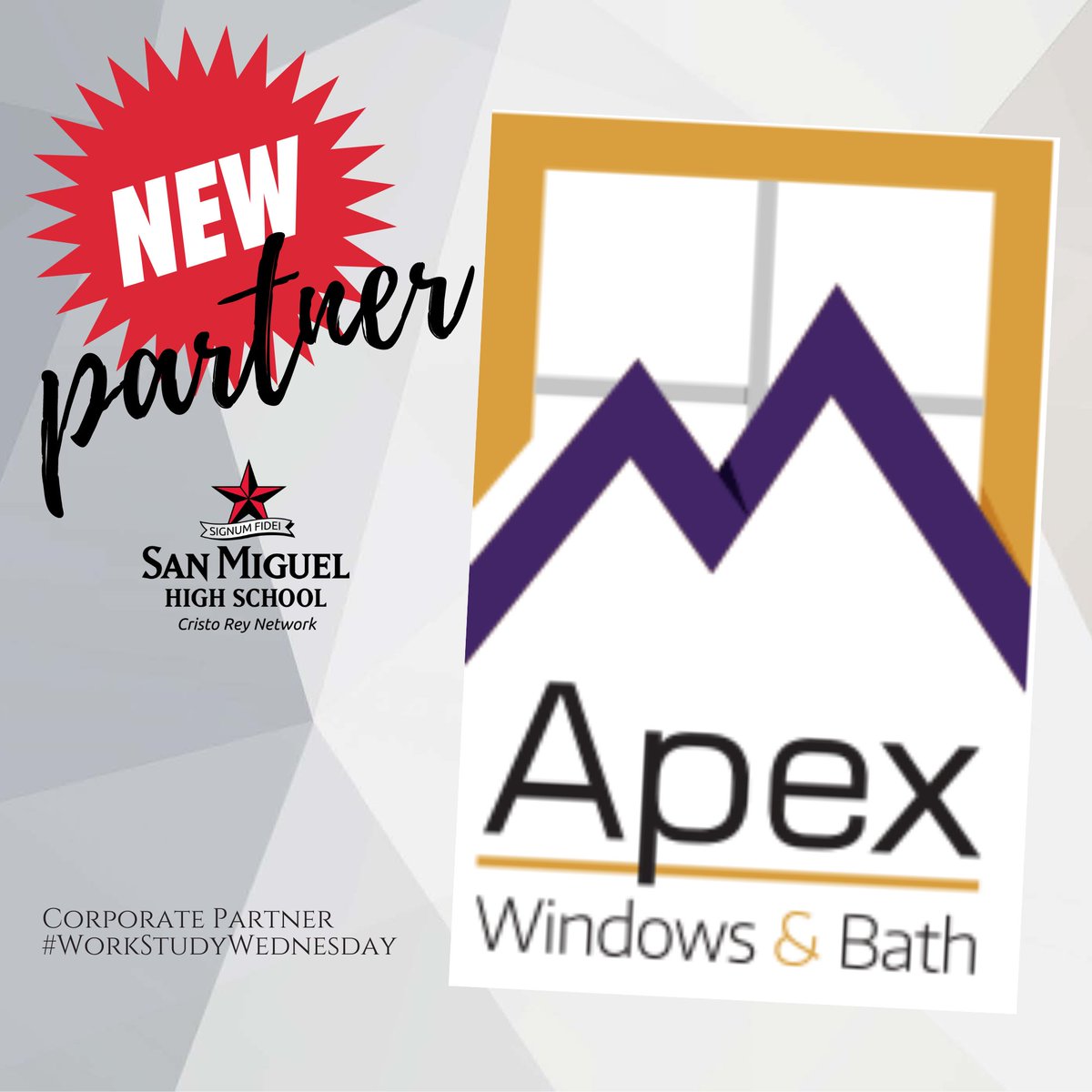 SanMiguelHS's tweet photo. We are thrilled to welcome APEX Windows and Bath as a *new* corporate partner this year! #Welcome! Their student workers started working during the summer and are learning so much. #WorkStudyWednesday @apexwindow_bath https://t.co/rQsf7AVTW7