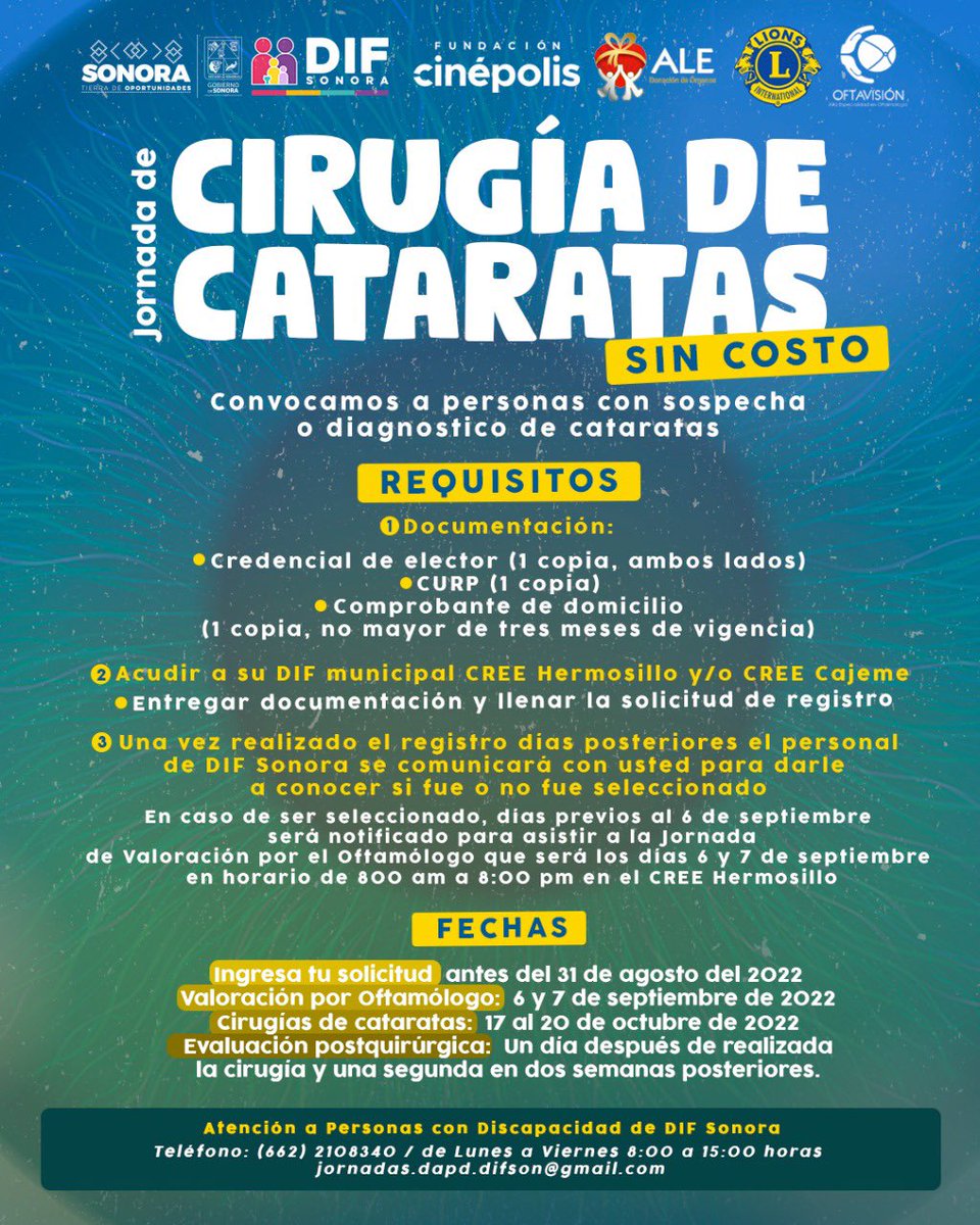DIFSonora's tweet photo. ¡Jornada de Cirugía de Cataratas gratuita! 👁️👁️
Si sospechas que tú o algún familiar pudiera ser candidato o candidata a una operación de cataratas, acércate a DIF Sonora, al CREE o al DIF de tu municipio y lleva la documentación solicitada antes del 31 de agosto del 2022. (1/2) https://t.co/K2sRkXwuGk
