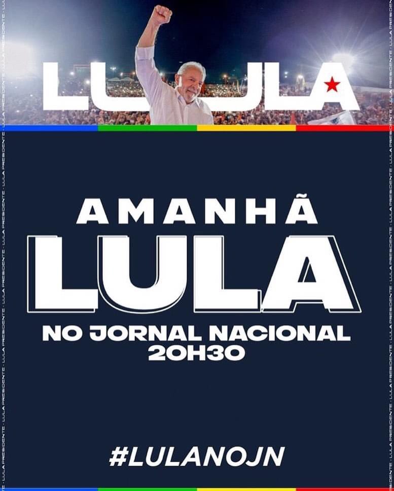 Alice_inland13's tweet photo. QUINTA FEIRA, amanhã, 20:30,  temos o @LulaOficial no JN, vai ser uma aula de como ser o melhor presidente da história do Brasil !🚩                       #LulaNoJN                                #LulaNo1ºTurno                                    #LulaEoPTaVerdadeVencerá https://t.co/or4eNivLxB