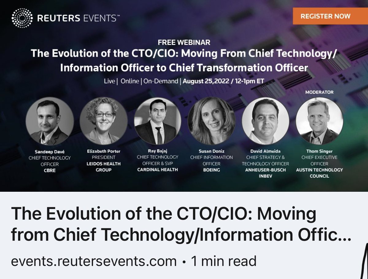 I am moderating this webinar with Reuters for the <a href="/ATCouncil/">Austin Tech Council</a> — Evolution of the CTO / CIO - moving from chief technology/ information officer to Chief Transformational Officer.   Thursday 8/25 at noon EST.  events.reutersevents.com/momentum/evolu…. #cio #cto #austintech