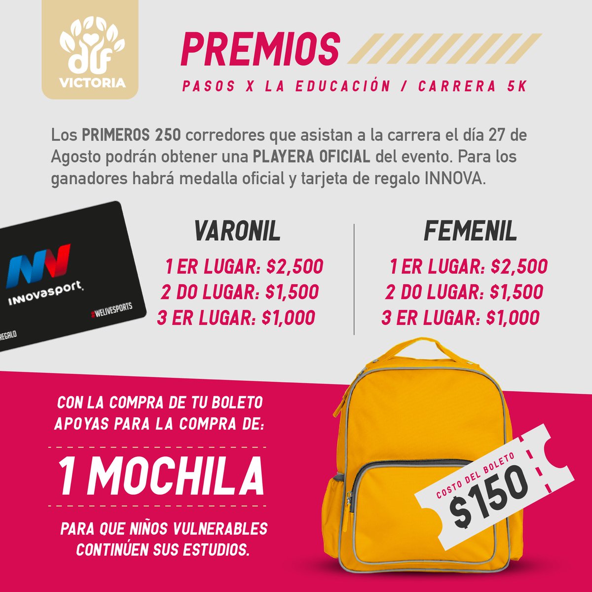 DIFVictoriaTam's tweet photo. Aún tenemos lugares para participar en nuestra carrera “Pasos por la educación”, que se realizará este sábado en beneficio de niñas y niños victorenses. 🏃🏻‍♀️🏃🏻‍♂️

¡Tendremos premios para las categorías varonil y femenil gracias a InnovaSport! 

#PasosPorLaEducación https://t.co/tB1pilOWR6