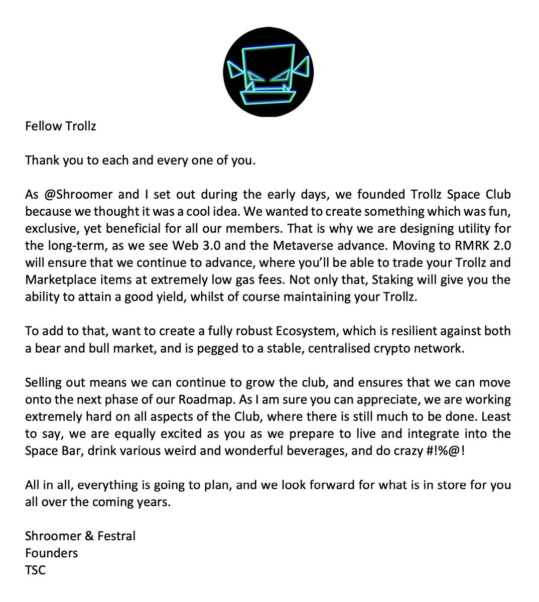 A note from our founders, @ShroomerOG &amp; <a href="/Festral0/">Festral</a> 👀📄

👹🪐🍸

#TrollzSpaceClub #NFTCommunity #NFTClub