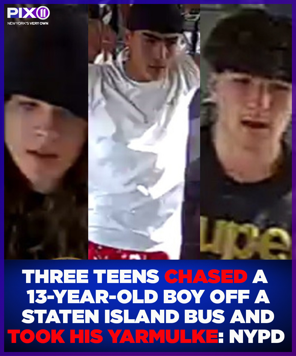 PIX11News's tweet photo. A group of teens chased a 13-year-old boy off a bus in Staten Island and then took his yarmulke, police said.

The victim was on the S79 bus on Hylan Boulevard near Ebbitts Street on July 21 when three unidentified teens —- two males and a female — approached. https://t.co/TaXBO53OEY