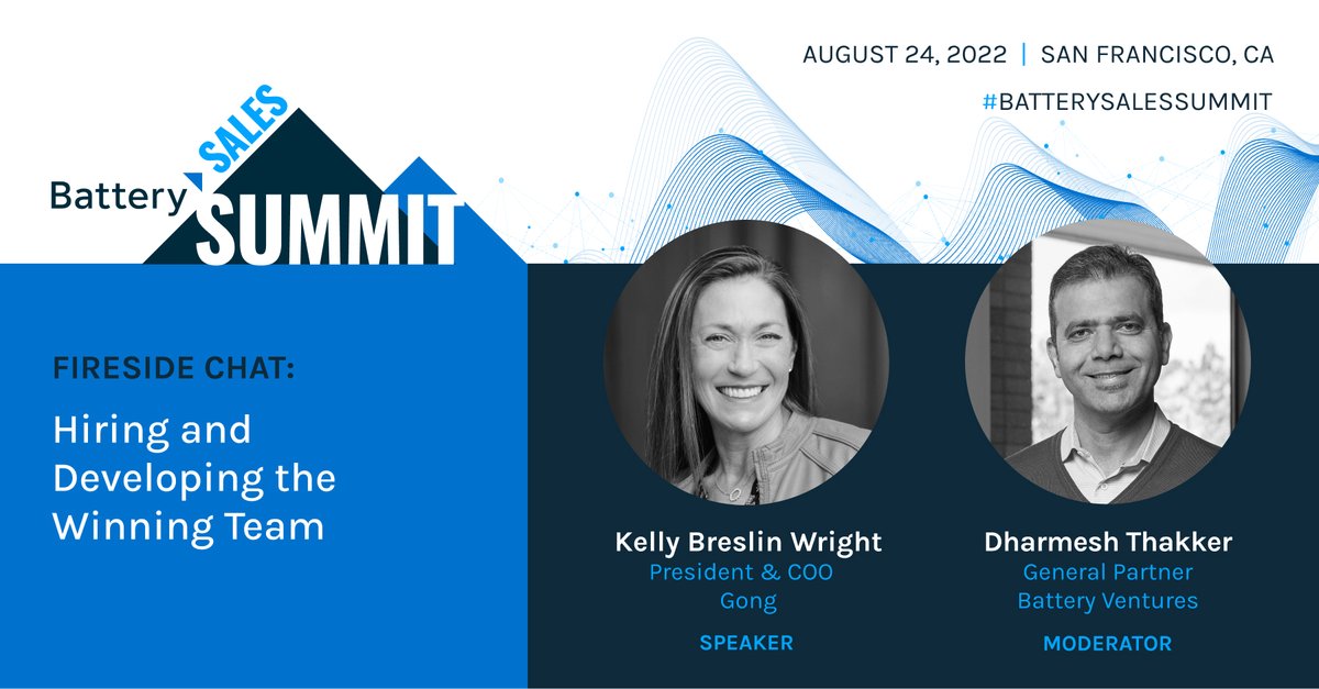 BatteryVentures's tweet photo. Hiring and retaining top talent are key to ensuring a high performance sales team. Next up at #BatterySalesSummit, Kelly Breslin Wright (@kellybwright) of @Gong_io joins @BatteryVentures GP Dharmesh Thakker (@Dthakker02) to explore the ins and outs of #sales team development. https://t.co/Rdtriz5lmH