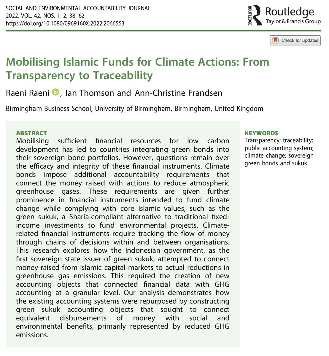 Social and Environmental Accountability Journal (@journal_seaj) on Twitter photo From the latest issue of <a href="/Journal_SEAJ/">Social and Environmental Accountability Journal</a> - Mobilising #Islamic Funds for #Climate Actions: From #Transparency to #Traceability by <a href="/Raeni_Ra/">Raeni Raeni</a>, Ian Thomson & Ann-Christine Frandsen
<a href="/UoBAccounting/">Department Of Accounting, UoB</a> <a href="/csearUK/">CSEAR UK</a> <a href="/tandfonline/">Taylor & Francis Research Insights</a>
tandfonline.com/doi/full/10.10… From the latest issue of <a href="/Journal_SEAJ/">Social and Environmental Accountability Journal</a> - Mobilising #Islamic Funds for #Climate Actions: From #Transparency to #Traceability by <a href="/Raeni_Ra/">Raeni Raeni</a>, Ian Thomson & Ann-Christine Frandsen
<a href="/UoBAccounting/">Department Of Accounting, UoB</a> <a href="/csearUK/">CSEAR UK</a> <a href="/tandfonline/">Taylor & Francis Research Insights</a>
tandfonline.com/doi/full/10.10…