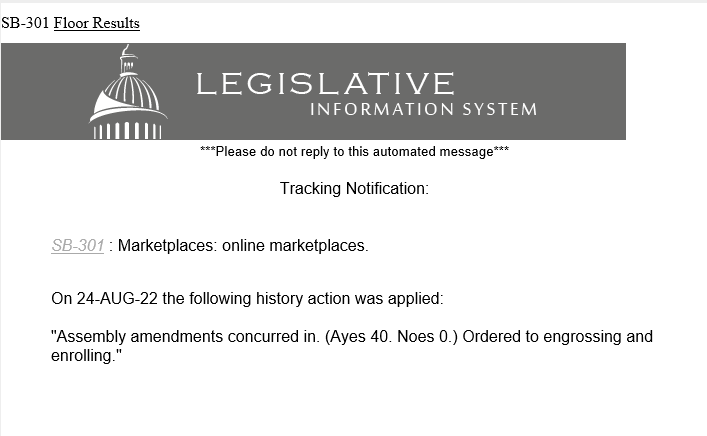 NancySkinnerCA's tweet photo. Great news! The CA Senate today gave final - and unanimous - approval of my #CALeg #SB301, which is designed to address the sale of stolen goods online by requiring online marketplaces to regulate sellers.
SB 301 now goes to the governor for consideration. https://t.co/hddCkCgmKS