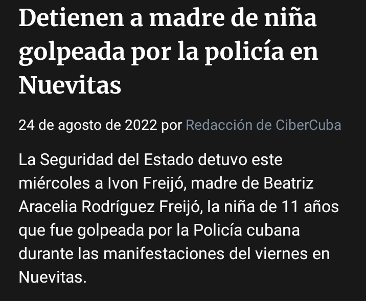 unpoetaahi's tweet photo. En #Cuba la policía le cae a palos a una niña de 11 años, y quien va presa es la mamá de la niña, por hacer la denuncia.

Por favor, compartan: demos a esta madre la misma visibilidad que damos a las protestas en Nuevitas:
#LibertadParaIvon 🇨🇺💔 https://t.co/LN3e0TsEja