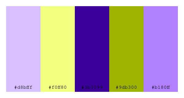ColPaletteBot's tweet photo. Beep beep, here's a pretty color palette for you!
color-scheme.js parameters used:
- hue: 129
- variation: default
- colors: #d8bfff, #f0ff80, #3b0099, #9db300, #b180ff
Have a lovely evening!
#twitterbot #colorpalette #colors #palette #prettycolors https://t.co/eIXvj4J00h