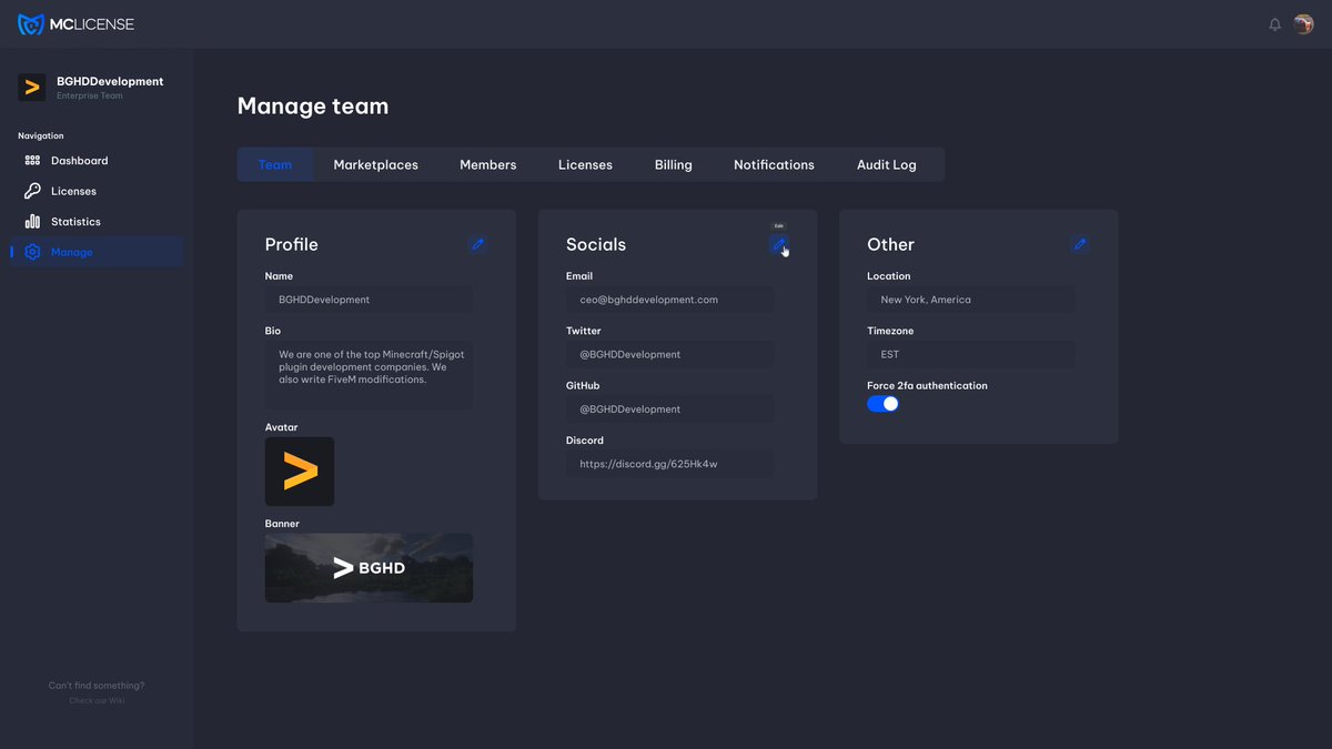 MCLicense's tweet photo. Time for another leak... our manage tab where you can edit team settings. And best of all- DARK MODE! 😊 https://t.co/u3COsIAh2A