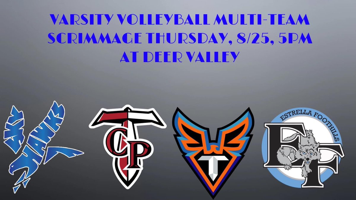 deer_high's tweet photo. The Deer Valley Varsity Girls Varsity Team will kick off the season by hosting Chandler Prep, Thunderbird, and Estrella Foothills in a multi-team scrimmage tomorrow at 5pm!!!
#ValleyUp https://t.co/tCQmfcUtvw