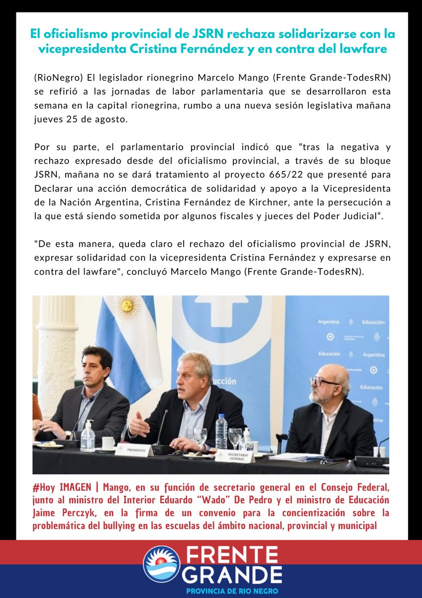 MangoLegislador's tweet photo. #RioNegro El oficialismo provincial de JSRN rechaza solidarizarse con Cristina Fernández y en contra del lawfare https://t.co/llGeg9KVF6