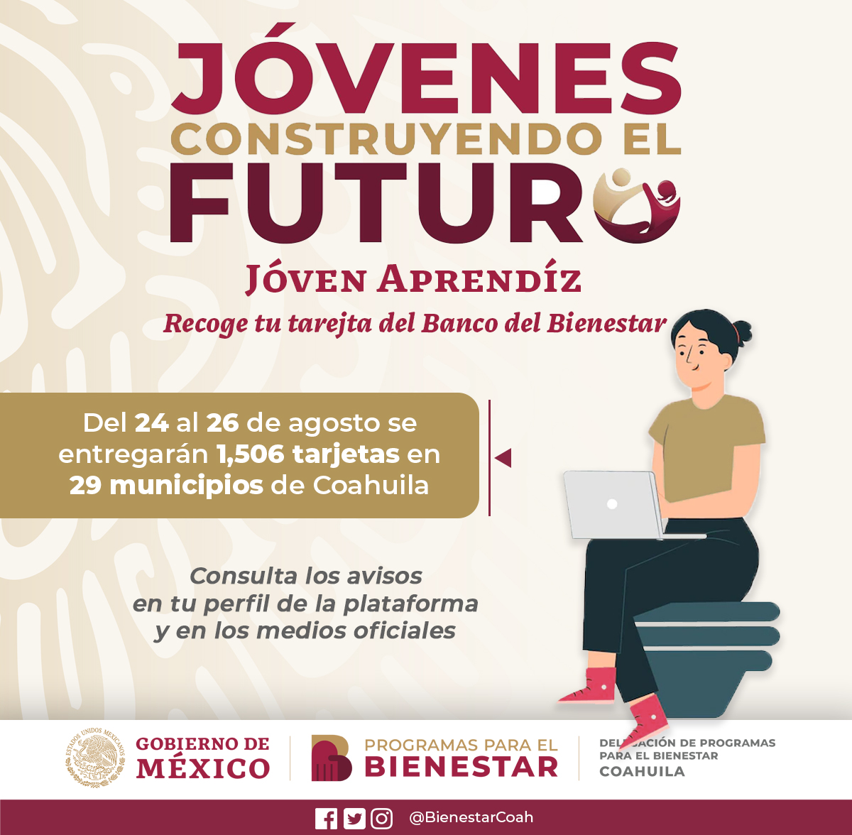 Comenzamos en #Coahuila la bancarización de las y los beneficiarios de Jóvenes Construyendo el Futuro.

Si eres aprendiz, revisa los avisos en tu perfil de la plataforma para conocer si llegó tu tarjeta👇
